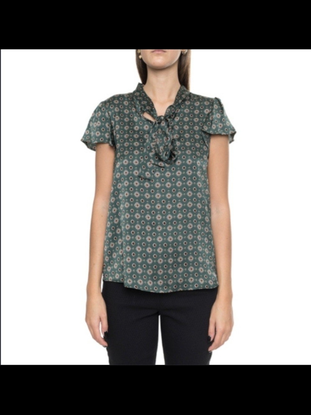 Calvin Klein Tie Neck Blouse Petite Large Sleeveless Green Geo Ruffle NWOT